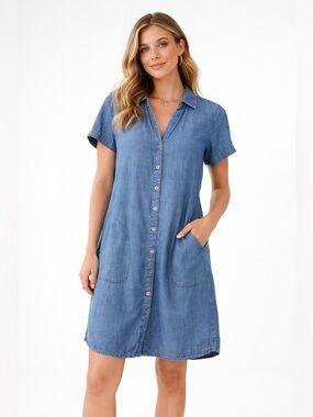 J Jill Chambray Short Sleeve Shirt Dress Lyocell Blue Button Front Pocket XS